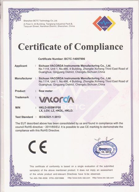 China Sichuan Vacorda Instruments Manufacturing Co., Ltd Certificações